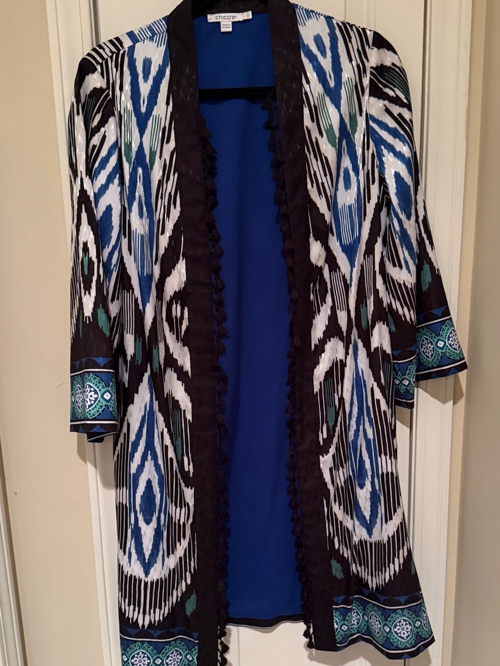 Chico's Border Tassel Lined Kimono Size 0